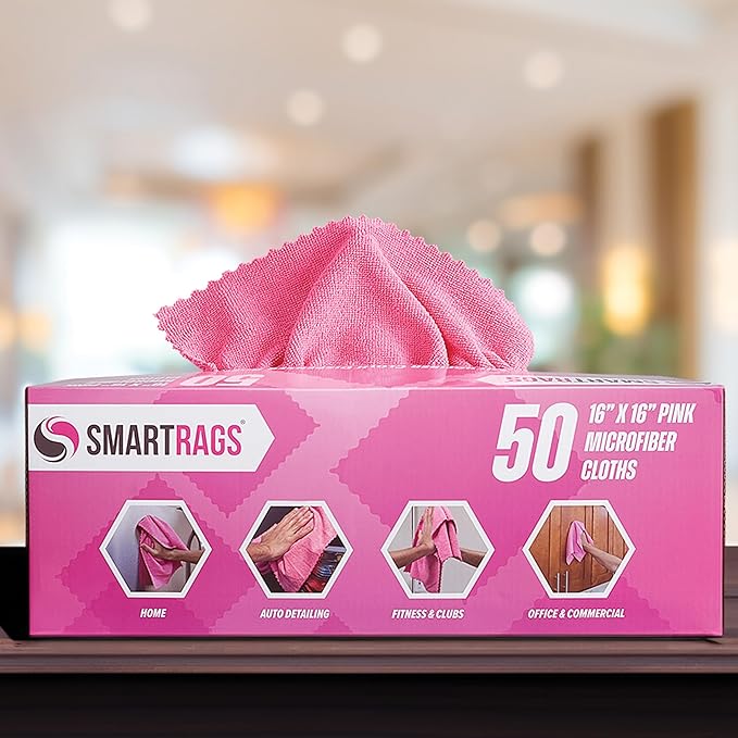 Arkwright Smart Rags in Box - (Pack of 50) Lint Free, Large Microfiber Cleaning Cloth, Scratch & Streak-Free, Dispensable Wash Towels for Cars, Kitchen, and Window Glass, Pink