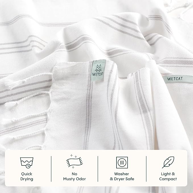 WETCAT Turkish Hand Towels with Hanging Loop, Set of 2 (20" x 30") 100% Turkish Cotton, Pre-Washed, Quick Drying, for Kitchen or Bathroom - Grey & White