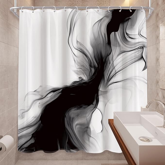 Cinbloo Black and White Marble Shower Curtain 72Wx72H Abstract Modern Neutral Ombre Grey Minimalist Bathroom Decor Elegant Ink Texture Cloth Fabric Bathroom Decor with 12 Hooks