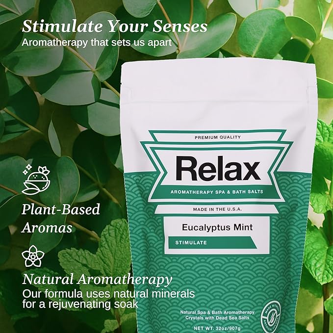 Relax Spa & Bath, Epsom & Dead Sea Salts, Aromatherapy Bath Salts for Hot Tub, Bath, or Spa, Infused with Magnesium, Eucalyptus Mint Scent