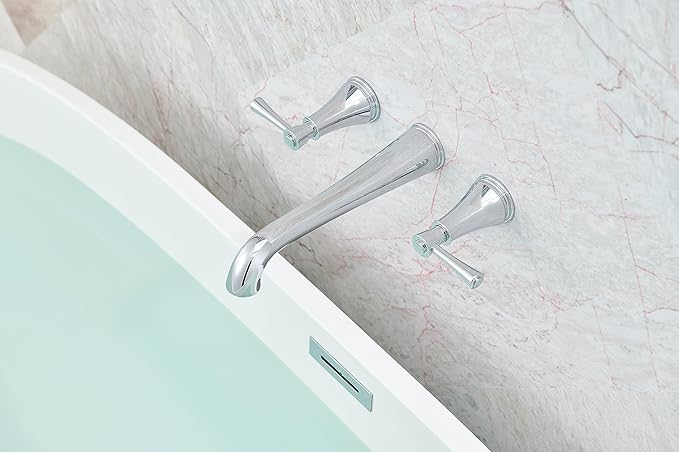 SITGES High Flow Chrome Wall Mount Bathtub Faucet with Two Level Handles,Extra-Long 10.5" Spout Reach Solid Brass Wall Tub Filler with Rough-in Valve Included