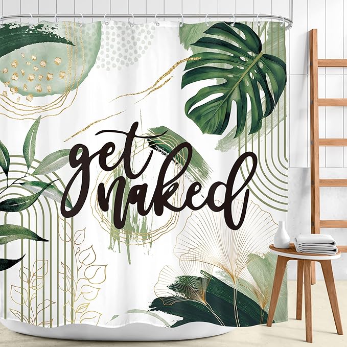 Green Boho Shower Curtain 72Wx72H Sage Green Golden Get Naked Abstract Minimalist Aesthetic Bohemian Bathroom Decor Modern Contemporary Plant Neutral Bath Curtain Fabric Polyester 12 Pack Hooks