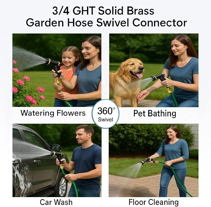 Garden Hose Swivel Connector, 3/4" GHT Brass Swivel Hose Connector, 360° Male to Female Hose Adapter, Anti-Kink Garden Hose Fittings, No-Leak Design with Washer and PTFE Tape