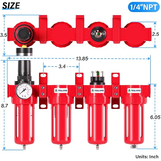 TAILONZ PNEUMATIC 1/4 Inch NPT 0-150 PSI Red Industrial Grade 4 Stage Air - Image 2