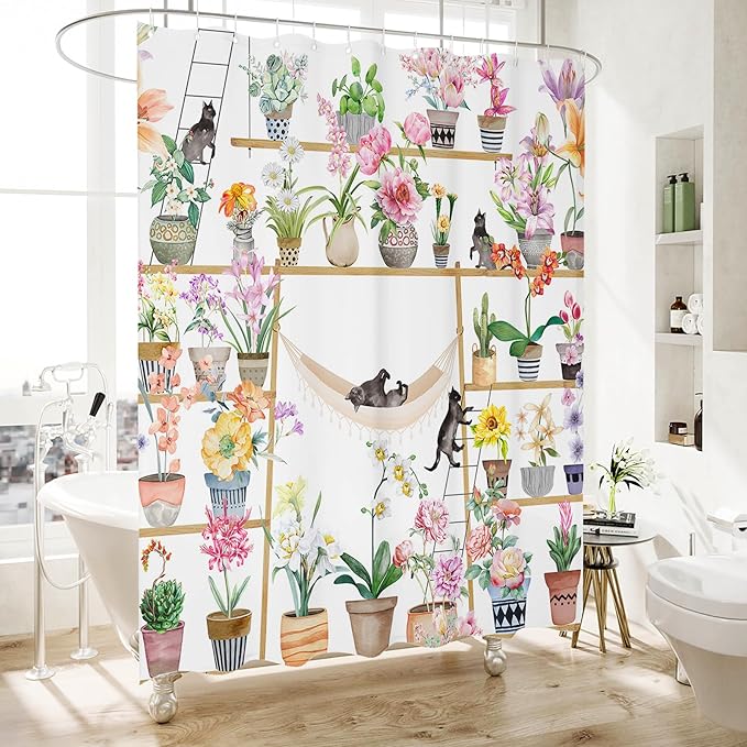 Bohemian Shower Curtain, Boho Floral Print Water Repellent Polyester Fabric for Bathroom Decor, 72×72 Inch Standard Size with 12 Hooks, Also as Room Divider