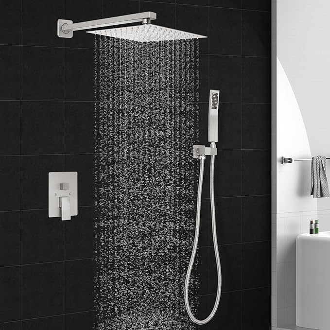 Brushed Nickel Square Shower Head with Handheld Set, Rainfall Shower System Modern Wall Mounted Shower Faucet for Bathroom 10 inch (With Shower Valve)