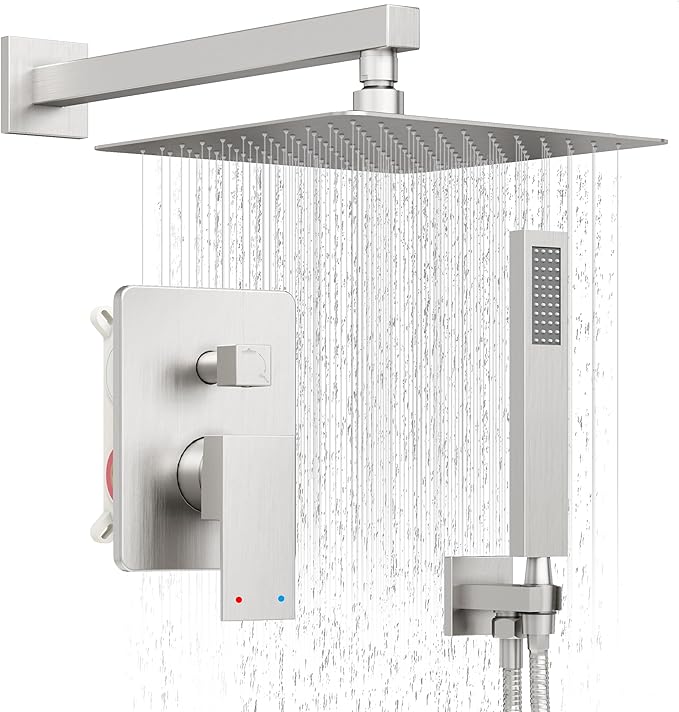 Brushed Nickel Shower System, Shower Faucet Set with 10-Inch Rain Showerhead and Handheld Spray, Wall Mounted High-Pressure Showerhead Combo Set Included Valve and Trim, Brushed Nickel