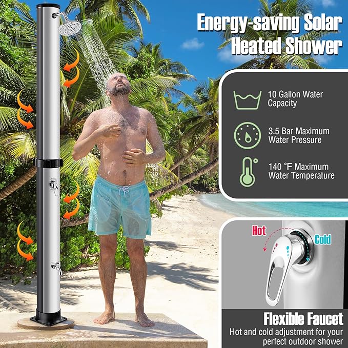 Goplus 10 Gallon Solar Heated Outdoor Shower, 7.2 FT Freestanding Outside Shower with Rotating Shower Head, Temperature Adjustment & Foot Shower, for Backyard Beach Pool SPA (Silver)