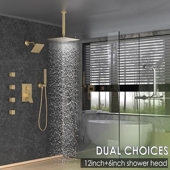 Enga Dual Shower Head Shower System with Body Jets, 12" Ceiling Mounted Rain Shower Head & 6" Wall Mounted Head Full Body Rainfall Shower Faucet with Valve Kit, Brushed Gold
