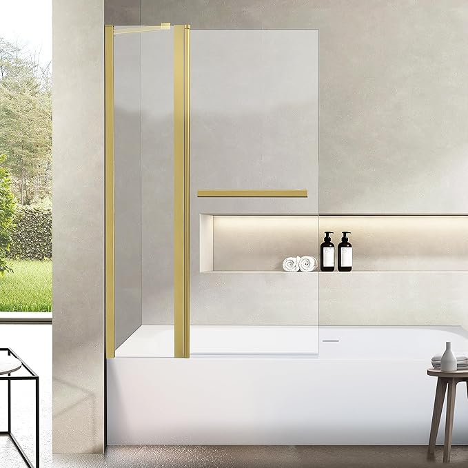 Bathroom Pivot Tub Glass Door 36" W*55" H, Folding Bathtub Shower Door Screen with Tempered Glass, Frameless Glass Shower Door with Handle and Support Rod in Brushed Gold