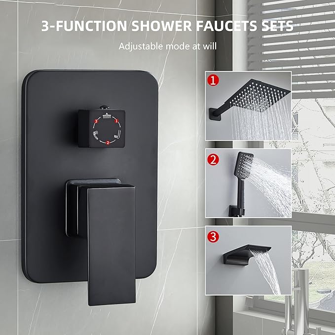 Shower Faucet Set Complete Matte Black Shower System with 10 inch Square Rainfall Shower Head 3-Function Handheld Shower Waterfall Bathtub Spout Rain Shower Combo Set Bathroom Wall Mounted