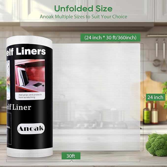 Anoak Shelf Liner - Non-Slip Cabinet Liner, 24 Inch x 30 FT(360 Inch) Durable Waterproof Washable Oil-Proof for Kitchen Cabinet, Shelves, Refrigerator, Storage, Desks, Non Adhesive