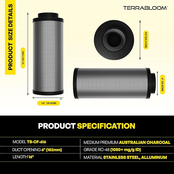 TerraBloom 6" Air Filter 16" Long, 46mm Thick Carbon Bed, Airflow up to 400 - Image 2