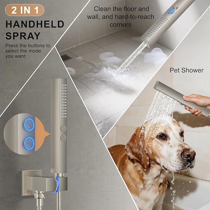 Shower Faucet Set, Wall Mount Shower System 12-inch & 6-inch Dual Shower Head Set with 2 in 1 Handheld Spray Rain Shower Faucet with Rough-in Valve and Shower Trim Kit, Brushed Nickel