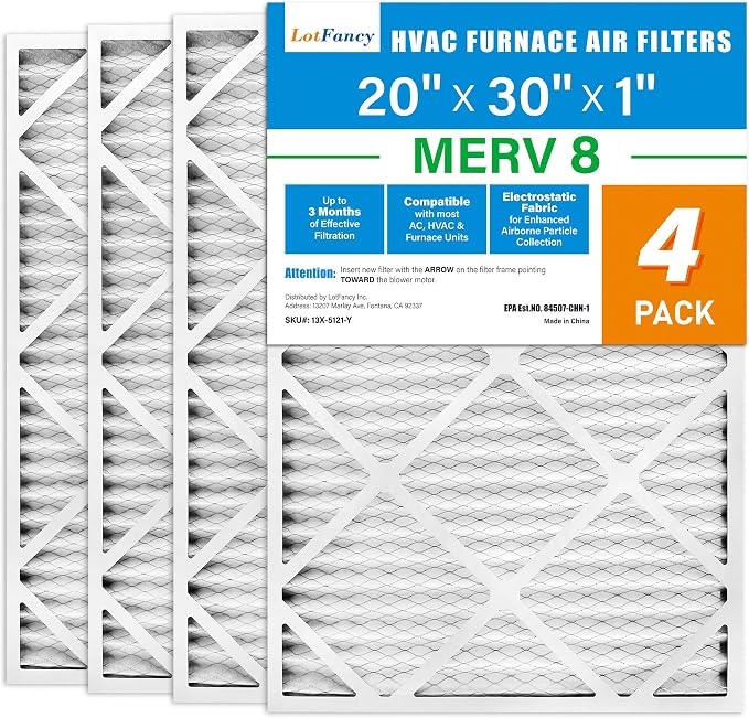 LotFancy 20x30x1 Air Filter MERV 8 4-Pack, Electrostatic Pleated Furnace & AC by LotFancy