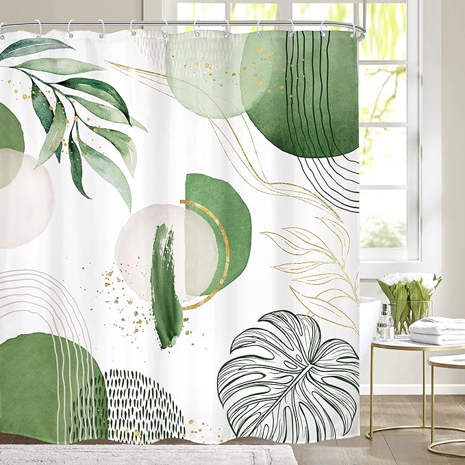 Extra Long Green Boho Shower Curtain 72Wx78H Mid Century Modern Abstract Tropical Gold Olive Palm Leaves Plant Geometric Bathroom Decor Minimalist Bath Curtain Fabric Polyester 12 Pack Hooks