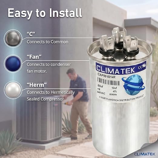ClimaTek 60 + 10 MFD 370/440 Volt Dual Run Capacitor CAP99-6014R | 60/10 | VAC - Image 3