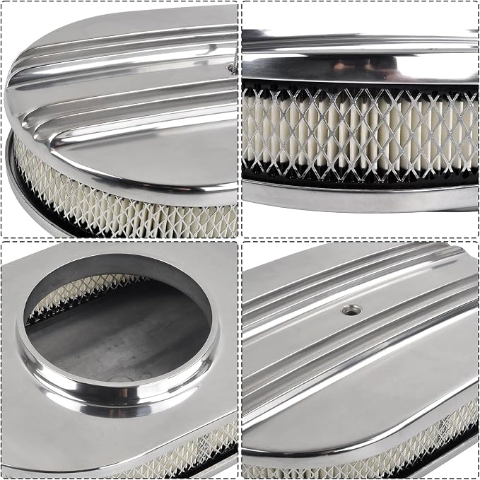 12" Air Cleaner Kit Polished Aluminum Oval Half Finned Compatible - Image 3