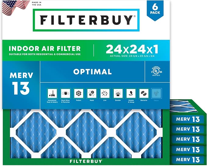 Filterbuy 24x24x1 Air Filter MERV 13 Optimal Smoke & Allergy Defense, by Filterbuy