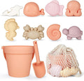 MarcZero 11Pcs Silicone Beach Toys,Modern Baby Beach Toys,Travel Friendly Beach Set,Silicone Bucket, Shovel, 8 Sand Molds, Beach Bag, Sand Toys for Toddlers, Kids (Peach)