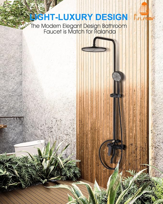 Outside Shower Kit,3 Functions Handle Tub Rainfall Shower Faucet Sets with Dial Thermometer Brass Valve, Black Exposed Shower Pipe System with 10'' Rainfall Shower Head Adjustable