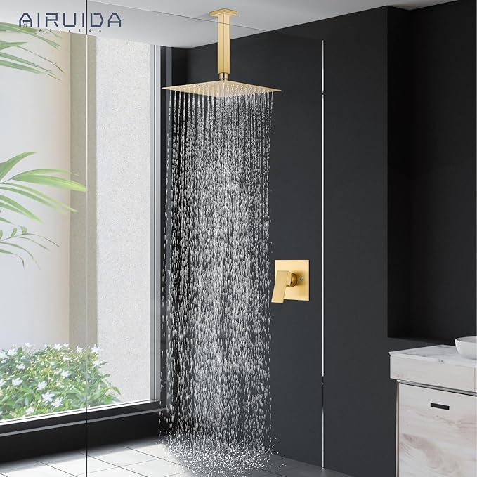 Airuida Shower Faucet Set and Handle Set Single Function Shower Trim Kit Ceiling Mount Rainfall Shower System with Male Threads and Rough-in Valve 10 Inch Square Shower Head Brushed Gold