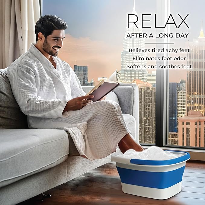 Mantello Collapsible Foot Bath Foot Soaking Tub | Portable Foot Spa Pedicure Bowl | Large Basin to Soak & Wash Feet | Folding Bucket with Carry Handle | White & Grey, Blue, Green [Blue]