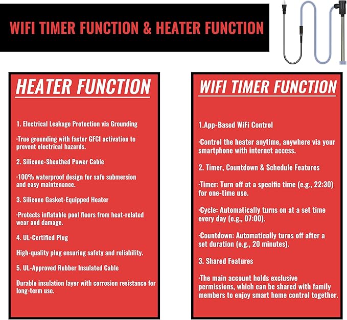 3000W 240V Inflatable Pool Immersion Water Heater with Wifi Timer & Auto Shut Off – Submersible Electric Heater for Above-Ground Pool, Baptismal Pool, Baptistry, Bucket, Bathtub and Hot Tub