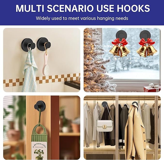 luckin smile Suction Cup Hooks for Shower, No-Drill Removable Towel Hook for Bathrooms, Shower Hooks, Suitable for Bathrooms, Kitchens, Windows, Glass, Powerful Suction Cup Hook (4, Black)