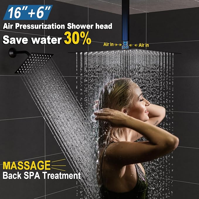 Enga Thermostatic Dual Rain Shower System (Eco-Performance), Shower Faucet Set with 16"+6" Rain Shower Heads & Handheld, All Functions Simultaneous, Adjustable Volume, Matte Black
