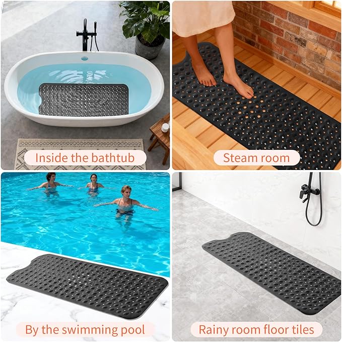 Anti-Slip Bathtub Shower mat, 39.3×15.7 inch（Approximately 100 × 40cm） Soft Oversized Machine Washable Non-Slip Bathtub mat with Drainage Holes, Bathroom Floor Suction Cup.（1-Opaque Black）