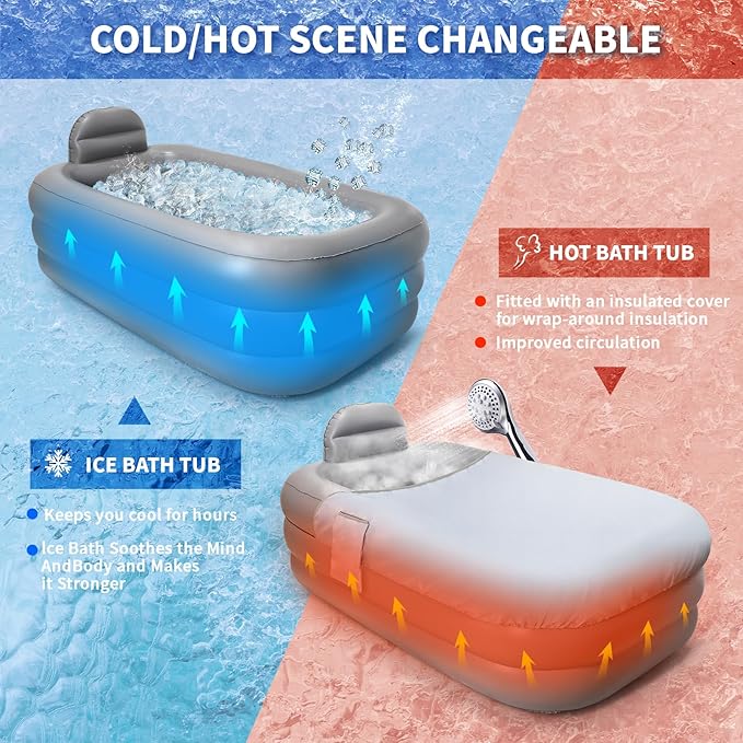 Inflatable Bathtub Adults - Blow Up Bathtub Adult for Indoor Shower Use, Portable Bathtub Adult with Cover, 62.2x37.4x17.72in, Light Grey