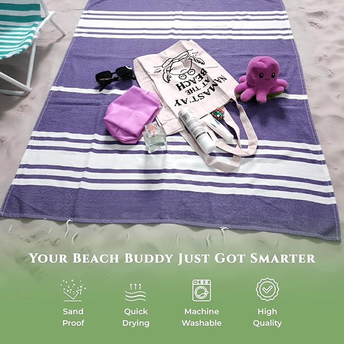 Turkish Cotton Beach Towel Pack of 6 & 1 Boho Tote Bag - Hammam Towels - No Shrink - Quick Dry - Lightweight - Sand Free - Camping - Pool - Tanning - Beach Essentials - Purple (40"x70")