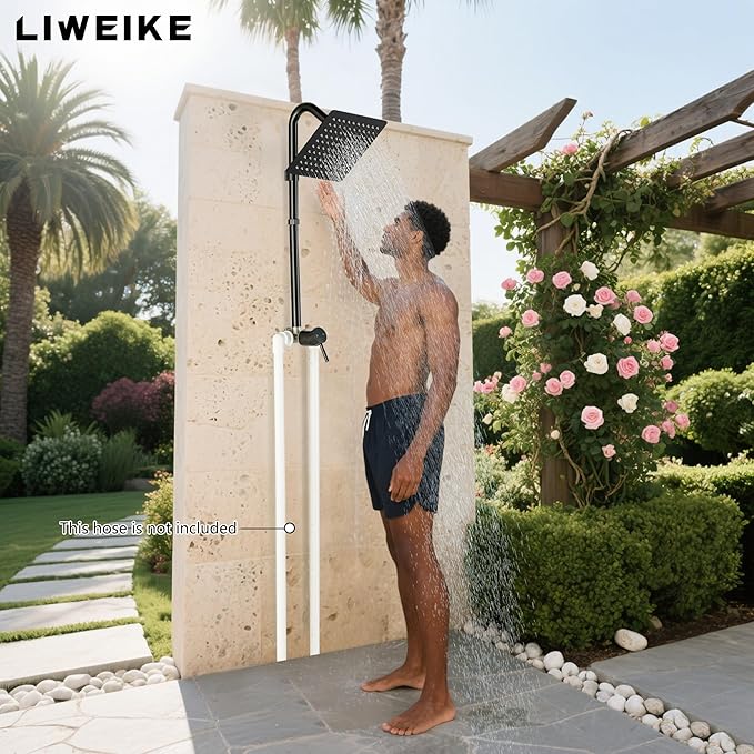 LIWEIKE Outdoor Shower Kit, All Mental Matte Black Outdoor Shower Fixtures with 8 Inch Rainfall Shower Head Outside Shower with Single Handle for Backyard, Valve Included