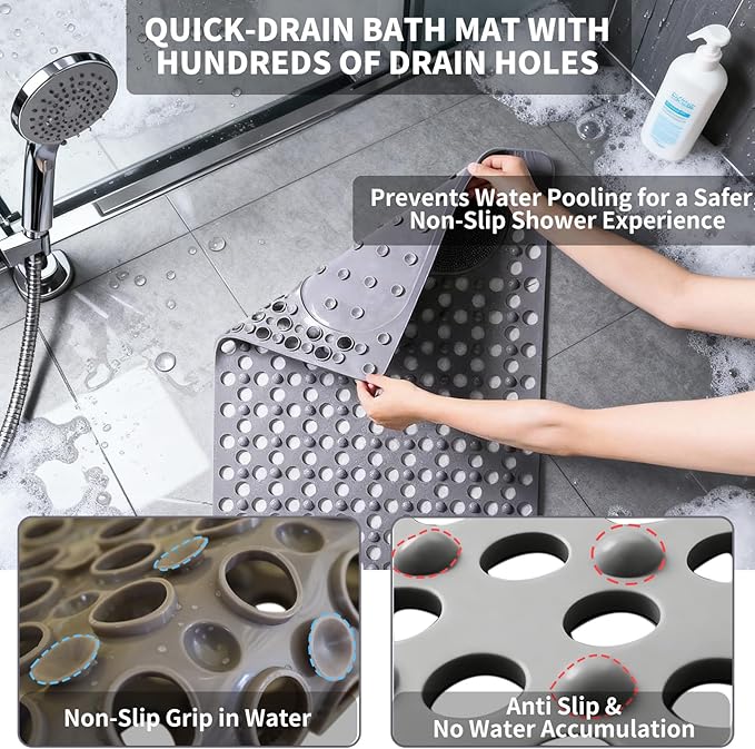 Bath Tub Shower Mat with Soft Shower Foot Scrubber Mat for Massage,Non Slip Bathtub Mat with Strong Suction Cups, Silicone Shower Foot Scrubber Mat (Gray, 31.5" X 19.7"(Rectangular))