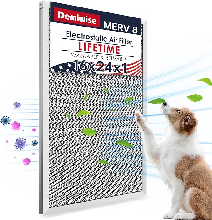 16x24x1 Lifetime Electrostatic Air Filter, MERV 8 Reusable Aluminum AC/HVAC by Demiwise