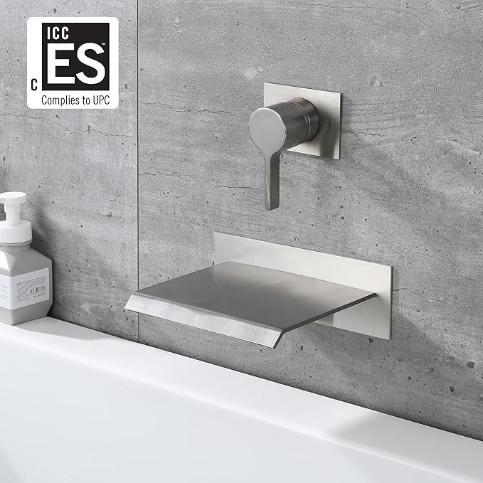 sumerain Waterfall Wall Mount Tub Filler Brushed Nickel with Valve Single Handle Brass High Flow
