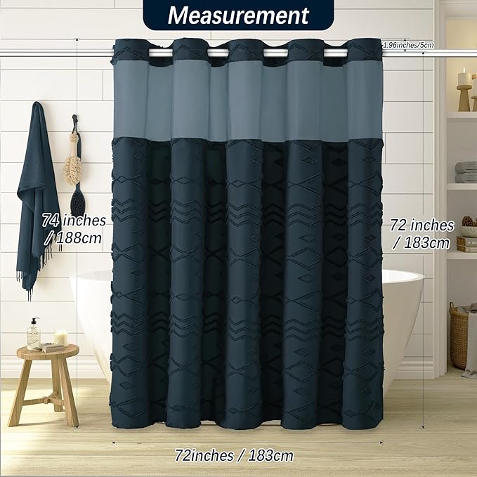 No Hooks Shower Curtain with Snap-in Liner, Navy Boho Tufted Chevron Striped Textured Shower Curtains for Bathroom, Water Repellent Luxury Shower Curtain, 72Wx74H