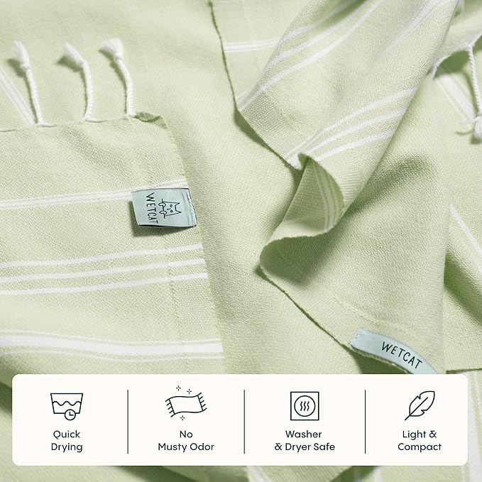 WETCAT Turkish Hand Towels with Hanging Loop, Set of 2 (20" x 30") 100% Turkish Cotton, Pre-Washed, Quick Drying, for Kitchen or Bathroom - Seafoam Green