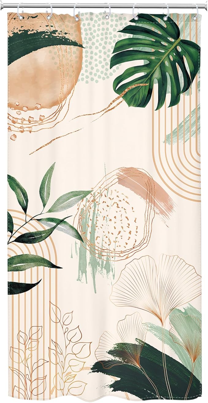 Small Stall Boho Shower Curtain 36Wx72H RV Tropical Green Leaf Modern Bohemian Green Abstract Narrow Half Bathroom Decor Palm Mid Century Minimalist Bath Curtain Fabric Polyester 7 Pack Hooks