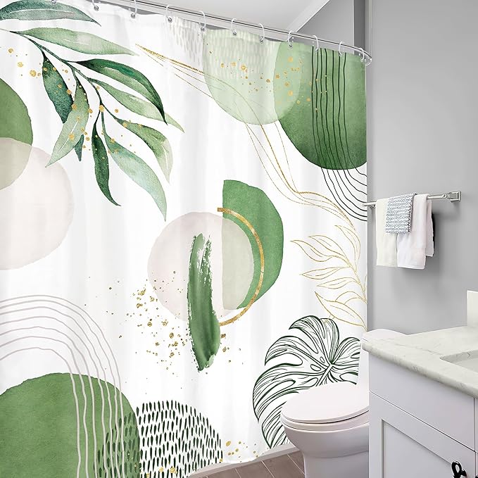 Extra Long Green Boho Shower Curtain 72Wx78H Mid Century Modern Abstract Tropical Gold Olive Palm Leaves Plant Geometric Bathroom Decor Minimalist Bath Curtain Fabric Polyester 12 Pack Hooks