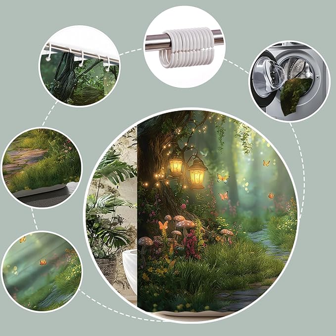Fantasy Forest Path Shower Curtain Fairy Magical Enchanted Misty Jungle Mushroom Floral Tree Butterfly Lantern Wonderland Plant Bath Curtain Fabric Bathroom Accessories Decor with Hooks 60W x70L