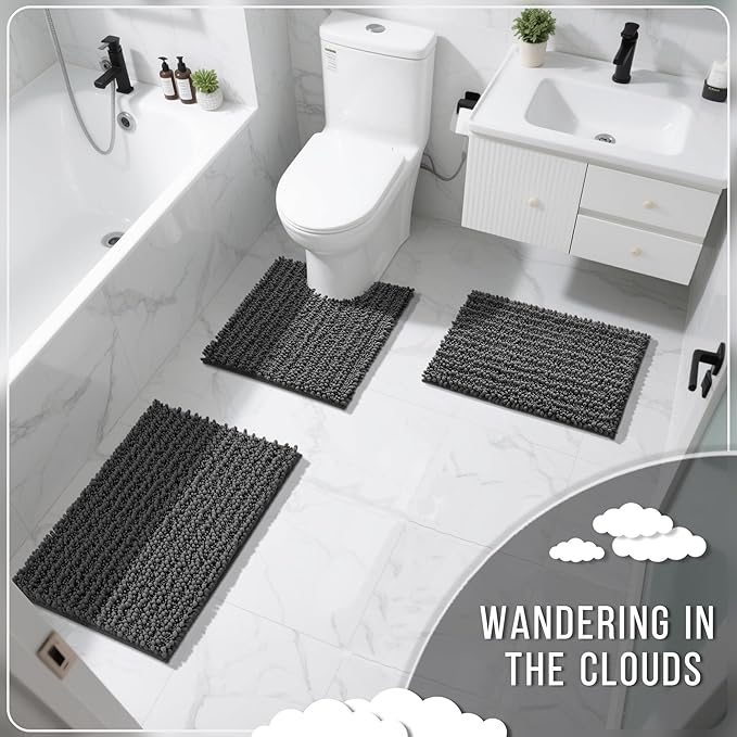 Yimobra Bathroom Rugs Sets 2 Piece - Quick Dry Extra Thick Luxury Chenille Bath Mat, Non Slip Super Absorbent for Tub Shower Sink, Machine Washable Shaggy Floor Mat, 32"x20"+24"x17" Inch, Dark Grey