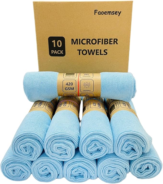Microfiber Towels,10-Pack,16"x16",420GSM Edgeless,Soft Absorbent,Professional Polishing,Wax Removal,Car Detailing,Home Cleaning Rays,Sky Blue