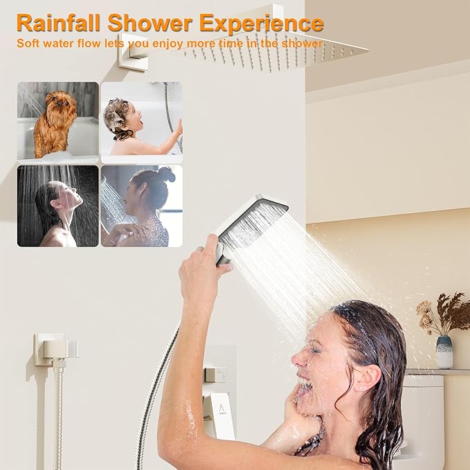 Shower System 10IN Modern Rain Brass Faucet Set With Valve and Diverter Shower Mixer With Handheld High Pressure Square Rainfall Shower Valve (10'' Wall Mount, Brushed Nickel)