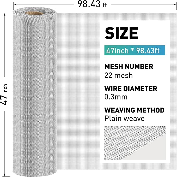 304 Stainless Steel Mesh Window Screen Roll, 47IN x 98.43FT Silver Metal Window - Image 3
