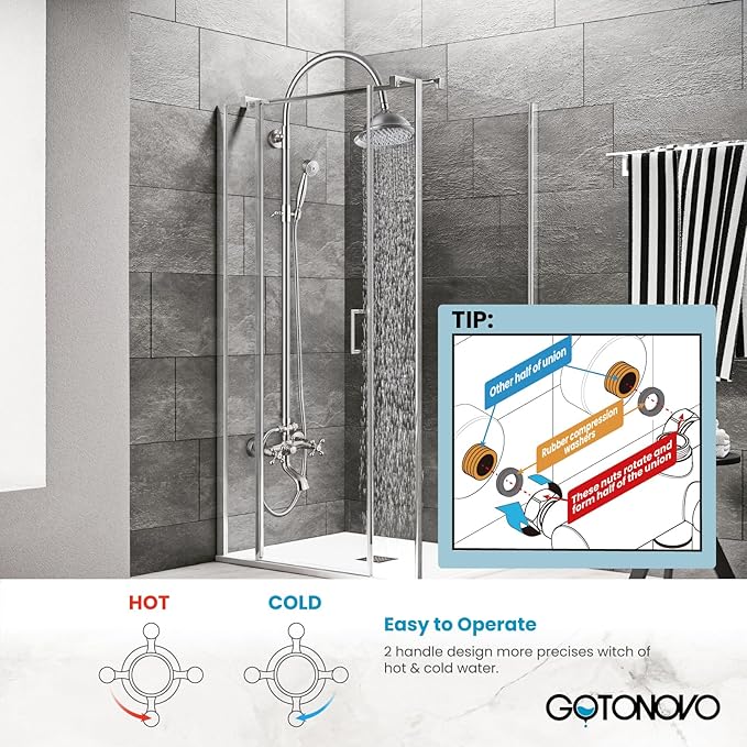 gotonovo Bathroom Classic Exposed Shower Faucet Wall Mount Shower System 8 Inch Luxurious Rainfall Shower Head Set with Tub Spout and Handheld Spray Double Cross Handles Brushed Nickel