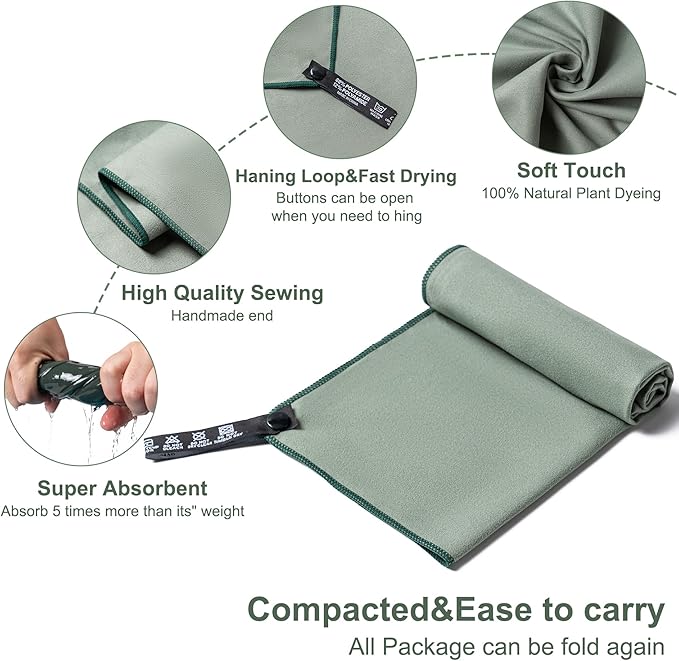 Camping Towel,2 Pack Microfiber Travel Sports Towel,Quick Dry-Super Absorbent-Ultra Compact-Ultra Soft-Lightweight.Suitable for Gym,Yoga,Trip,Beach,Shower,Backpacking,Pool(Army Green)
