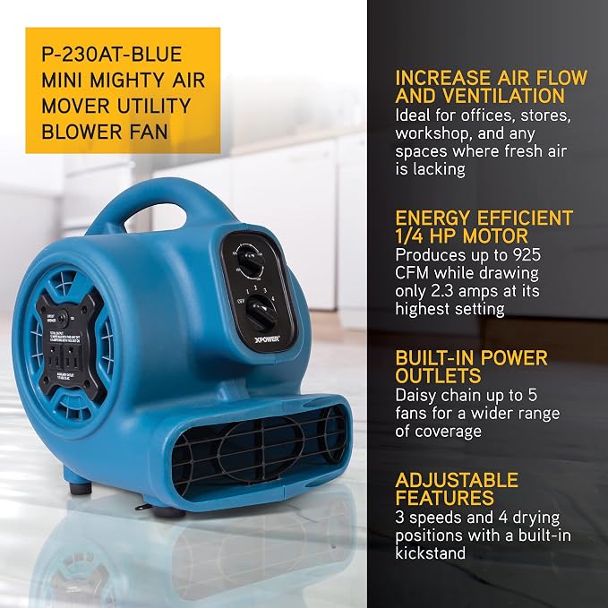 XPOWER P-230AT Mini Mighty 1/4 HP 925 CFM Centrifugal Air Mover, Carpet Dryer - Image 2