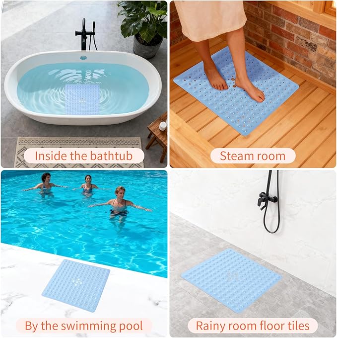 Anti-Slip Bathtub Shower mat, 20.8×20.8（Approximately 53×53cm） inch Soft Oversized Machine Washable Non-Slip Bathtub mat with Drainage Holes, Bathroom Floor Suction Cup.（1-Opaque Light Blue）